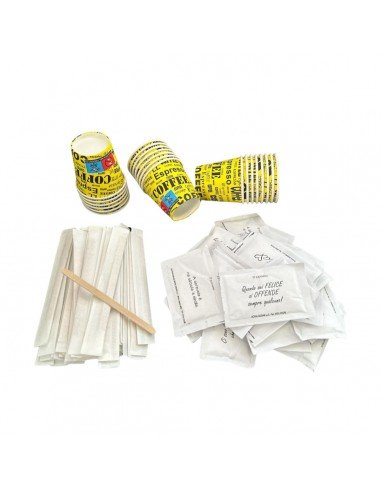 Kit Accessori 50 Carta- Bicchieri in Carta, Bustine di Zucchero Bianco, Palettine